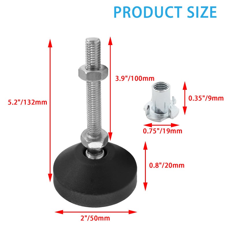 Luomorgo 4 Pcs M8 Leveling Feet with T-Nut, Anti Skid Threaded Rubber Feet, Adjustable Swivel Levelers for Furniture Feet, Heavy Duty Appliance Feet for Mechanical Equipment (D50 x M8 x H100) - Image 2